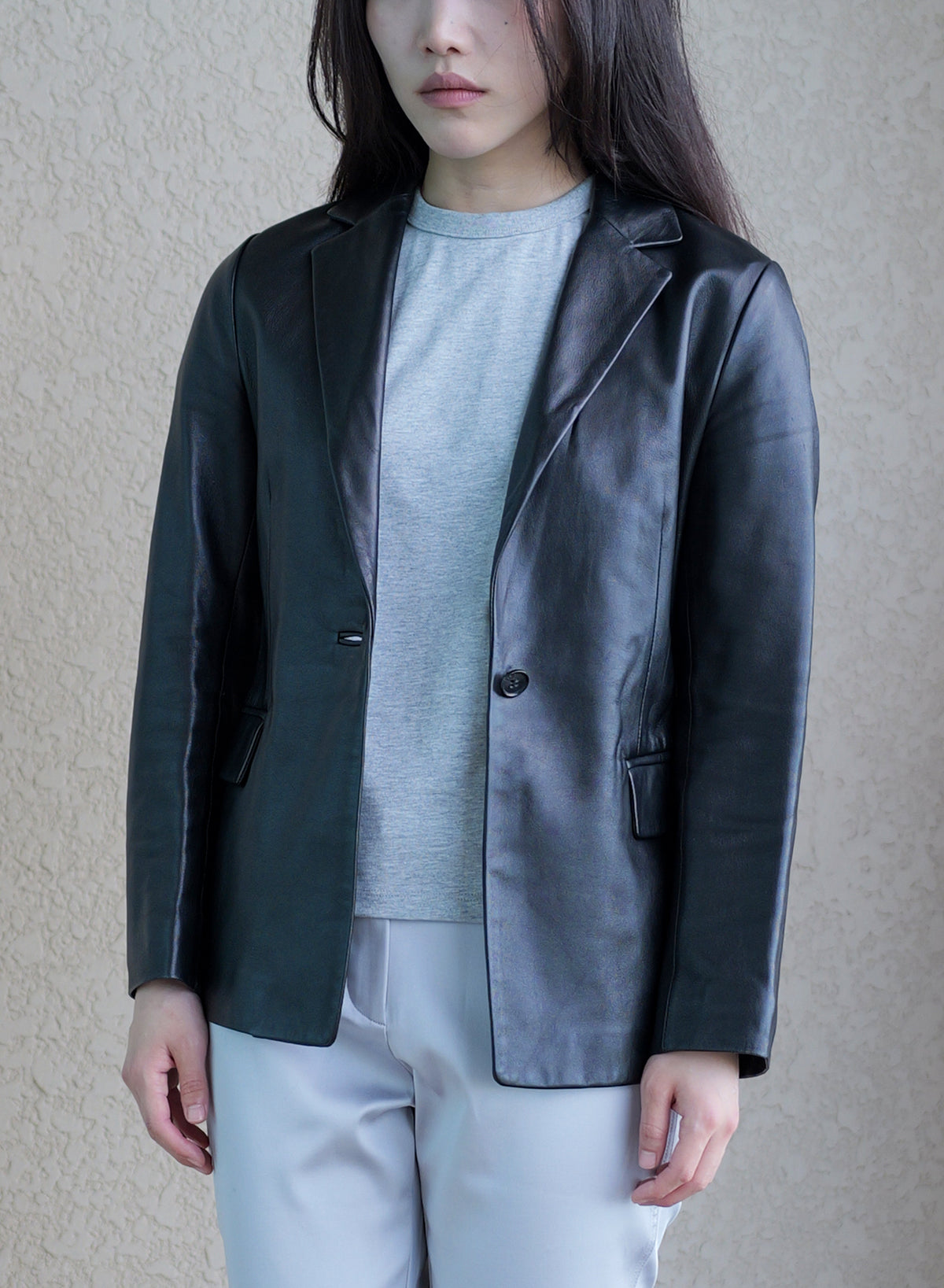 004 Vintage Genuine 90's One Button Leather Blazer — Black