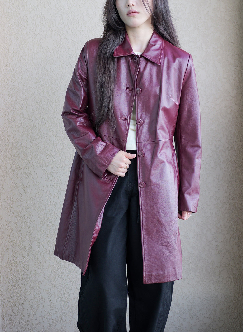 002 Vintage Genuine Leather Coat — Burgundy