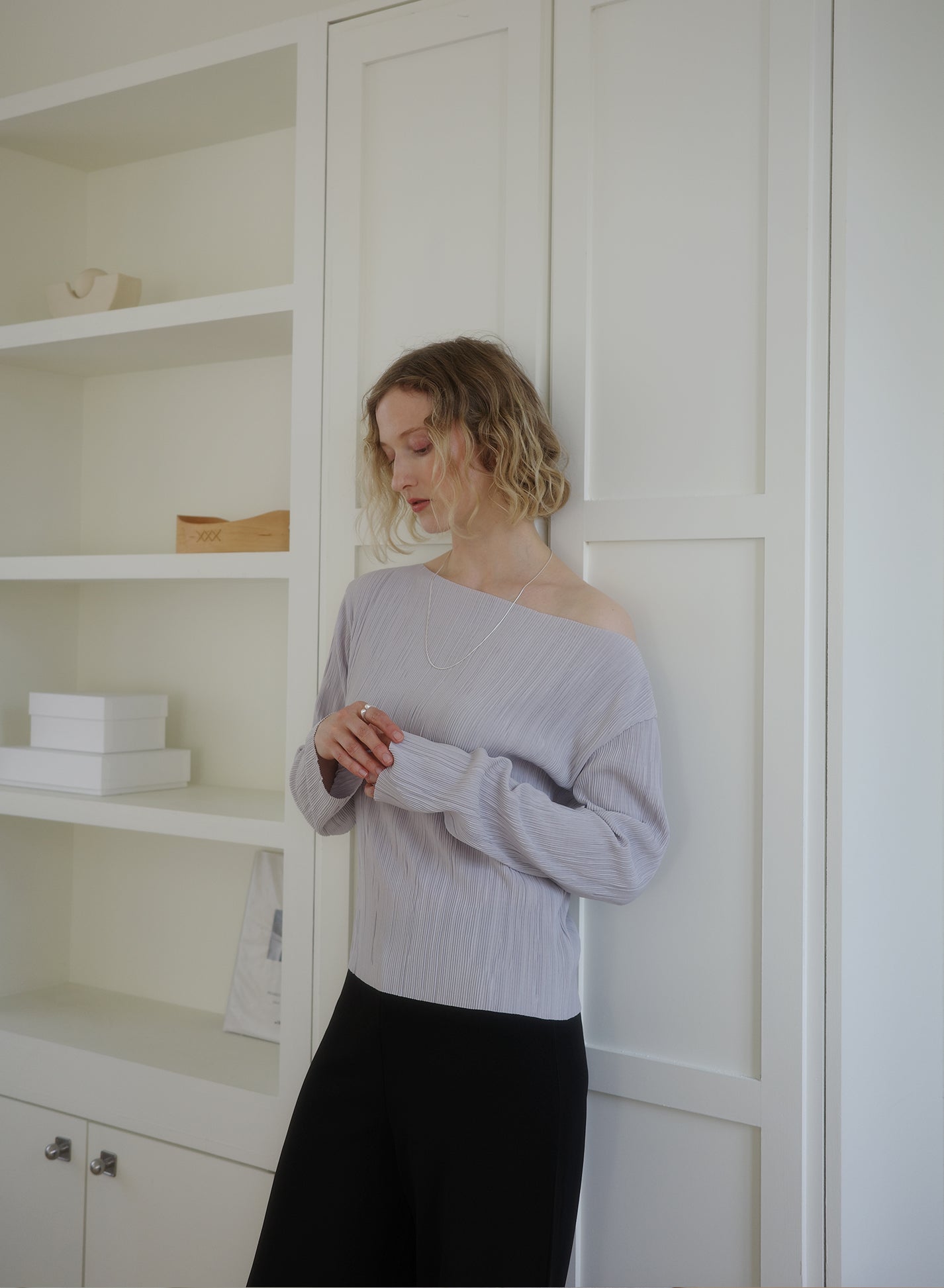 Soft Pleats Long-Sleeve Top ㅡ Grey
