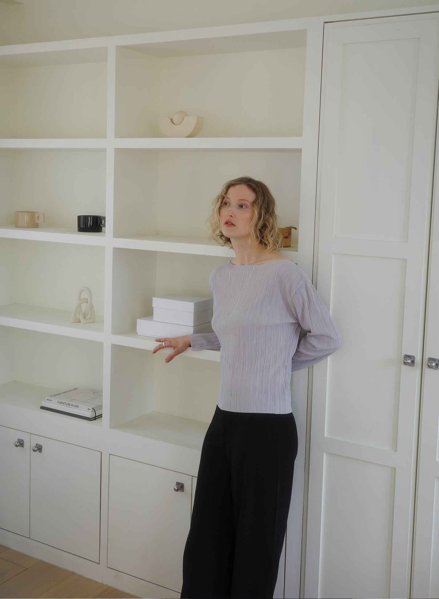 Soft Pleats Long-Sleeve Top ㅡ Grey